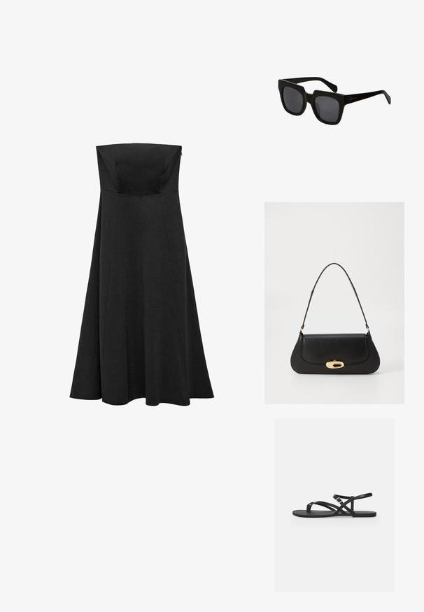 Czarna sukienka bez ramiączek z dopasowanym bodicem i rozkloszowaną, do ziemi spódnicą. Wykonana z gładkiego materiału bez widocznych wzorów czy akcentów.; Czarne sandały na płaskiej podeszwie z wieloma cienkimi paskami i klamrą. Gładka faktura o minimalistycznym wzornictwie.; Czarne prostokątne okulary przeciwsłoneczne z grubymi plastikowymi oprawkami i ciemnymi soczewkami. Ramiona są smukłe, z błyszczącym wykończeniem i minimalnym brandingiem.; Czarna skórzana torebka o zaokrąglonym kształcie, z metalowymi elementami w kolorze złotym i górnym uchwytem. Posiada eleganckie zapięcie i gładką fakturę.