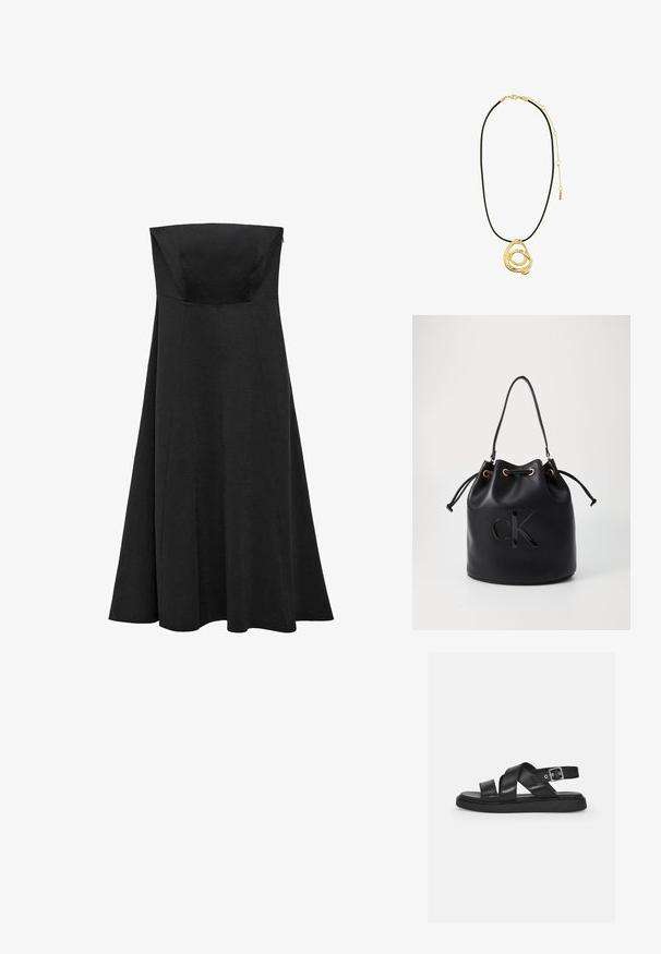 Crna haljina bez naramenica s prilagođenim korzetom i raširenom, dugom suknjom. Napravljena od glatkog materijala bez vidljivih uzoraka ili naglasaka.; Crne kožne sandale s križnim trakama, podesivim remenom oko gležnja, ravnim potplatom i minimalističkim dizajnom. Glatka tekstura s mat završnom obradom.; Crna kožna torba u obliku kante s zatvaranjem na vezicu, koja na prednjoj strani ima sjajni "CK" logo i zlatne metalne detalje.; Pilgrim UNFOLD - Ogrlica - gold