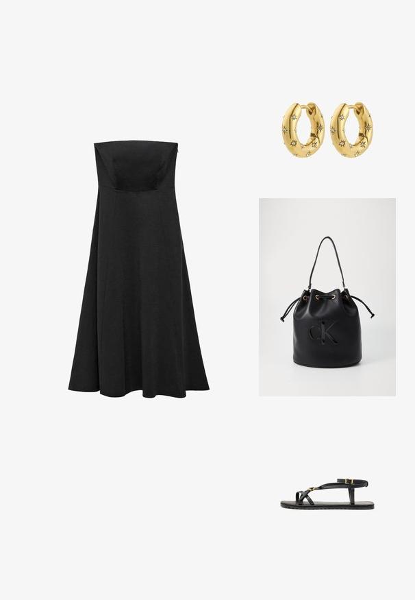 Čierne šaty bez ramienok s priliehavým korzetom a splývavú sukňou s dĺžkou po zem. Vyrobené z hladkej tkaniny bez viditeľných vzorov alebo akcentov.; Čierne kožené sandále s tenkými popruhmi a prackou okolo členku. Plochá podrážka s textúrovaným povrchom a zigzagovým okrajom. Minimalistický dizajn.; Čierna kožená vedierková taška so sťahovacím uzáverom, so lesklým logom "CK" na prednej strane a zlatými kovovými detailmi.; Zlaté kruhové náušnice s hladkým, textúrovaným povrchom, zdobené malými hviezdičkovými akcentmi a bezpečným uzatváracím mechanizmom.