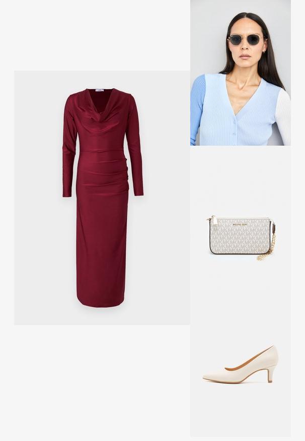 Burgundy long-sleeve dress with a cowl neckline, gathered detailing across the torso, and a form-fitting silhouette. Smooth, stretchy fabric.; White leather high heel shoe with a pointed toe and a slim, slightly angled heel. Smooth texture with a minimalist design and tan sole.; Round sunglasses with dark lenses and gold frames. The model wears a light blue, ribbed cardigan with buttons and contrast white sleeves.; Michael Kors wristlet in beige coated canvas featuring a repeating MK logo pattern, gold hardware, and a detachable chain strap.