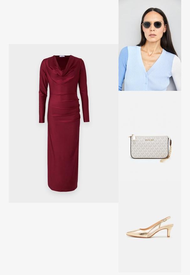 Vinröd långärmad klänning med sjalkrage, rynkdetaljer över överkroppen och en kroppsformad siluett. Mjuk, stretchig tyg.; Guldmetallisk slingback-sko med spetsig tå, lätt klack och justerbart rem. Slät yta, elegant design och öppna sidor.; Runda solglasögon med mörka linser och guldramar. Modellen bär en ljusblå, ribbad cardigan med knappar och kontrasterande vita ärmar.; Michael Kors handledos i beige belagd kanvas med ett upprepande MK-logomönster, gyllene detaljer och ett avtagbart kedjehandtag.