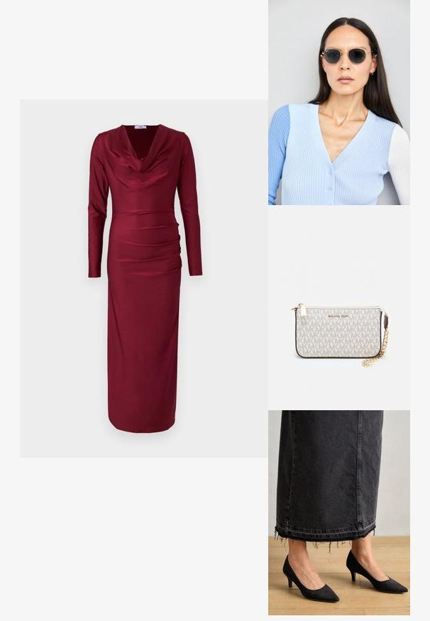 Ilga vyno raudonos spalvos suknelė su ilgomis rankovėmis, su užtraukiama apykakle, su suraižytu dizainu per liemenį ir prigludusiu siluetu. Lygus, tamprus audinys.; Juodos suedinės aukštakulnės su smailiu priekiu ir 3 colių (apie 7,5 cm) kulnu, derinamos su ilga tamsiai mėlyna džinsine sijonu, turinčiu šlepetės detalių.; Apskriti saulės akiniai su tamsiais objektyvais ir auksiniais rėmeliais. Modelis vilki šviesiai mėlyną, raukinį kardiganą su mygtukais ir kontrastingomis baltomis rankovėmis.; Michael Kors rankinė smėlio spalvos dengto kanvoje su pakartotiniu MK logotipo raštu, auksinėmis detalėmis ir nuimamu grandininiu dirželiu.
