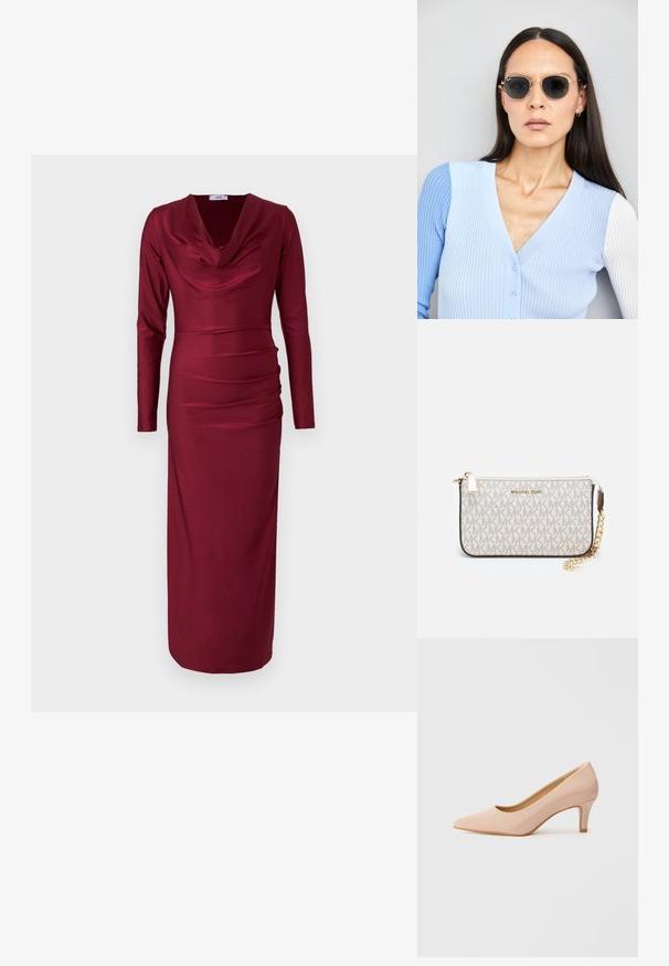 Vestito bordeaux a maniche lunghe con scollo a cascata, dettagli arricciati sul torso e silhouette aderente. Tessuto liscio ed elasticizzato.; Scarpa con punta affusolata, tacco alto in vernice rosa con un tacco basso, caratterizzata da una finitura liscia e lucida e da un sottile taglio a forma di V aperto nella parte anteriore.; Occhiali da sole rotondi con lenti scure e montatura dorata. Il modello indossa un cardigan leggero azzurro a costine con bottoni e maniche bianche a contrasto.; Wristlet Michael Kors in tela rivestita beige con motivo a logo MK ripetuto, hardware dorato e tracolla a catena staccabile.