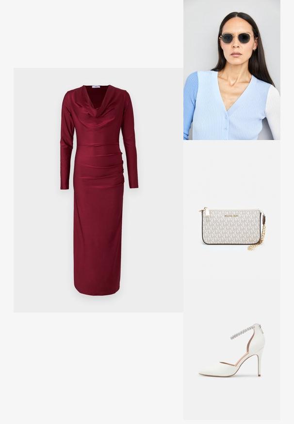 Robe bordeaux à manches longues avec un col bénitier, des détails froncés sur le torse et une silhouette ajustée. Tissu lisse et extensible.; Chaussure à talons hauts blanche avec un design à bout pointu, en cuir, avec une sangle ajustable à la cheville ornée de strass et un talon stiletto fin.; Lunettes de soleil rondes avec verres sombres et monture en or. Le modèle porte un cardigan à côtes bleu clair avec des boutons et des manches blanches contrastantes.; Porte-monnaie Michael Kors en toile enduite beige avec un motif répété de logo MK, des accessoires en or et une bandoulière en chaîne amovible.