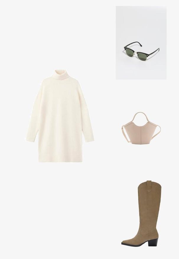 Svetr s dlouhým rukávem a rolákem v měkké off-white pletenině. Má uvolněný střih, rukávy a spodní lem se žebrováním pro přidanou texturu.; Kozačky z hladké světlé semišové kůže do výšky kolen s špičatou špičkou, nasazeným podpatkem a prošíváním po stranách. Hladká textura a strukturovaný design.; Černé a zlaté sluneční brýle se zelenými skly, mají tvar kočičích očí, kovové detaily a strukturovaný rám.; Beige kožená kabelka s jedinečným tvarem, vybavená dvěma krátkými uchy a dlouhým nastavitelným popruhem. Hladká textura s minimem kovových doplňků.; Hnědé kožené rukavice s hladkým povrchem, mají pět prstů, elastické zápěstí a dekorativní šití podél okraje.