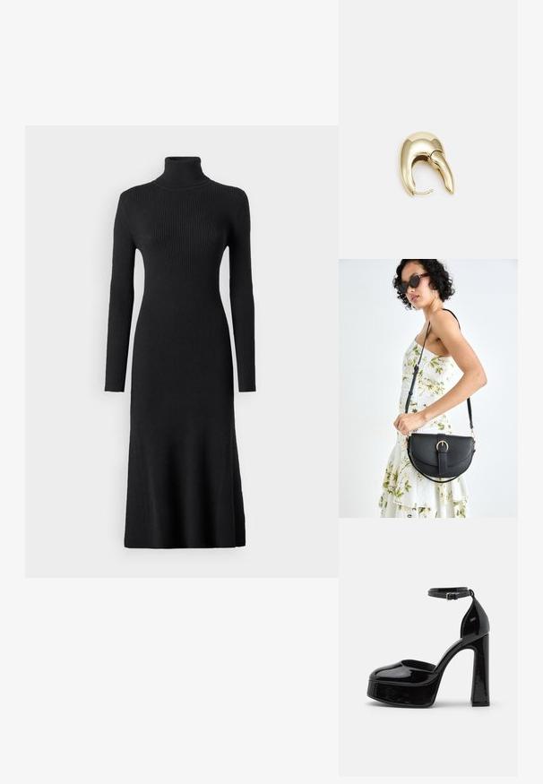 VILA VIAMARIA czarny; Czarne lakierowane platformowe obcasy z paskiem wokół kostki, zaokrąglonym noskiem i blokowym obcasem, prezentujące gładką, błyszczącą fakturę.; Czarna skórzana torebka o zakrzywionym kształcie, z odpinanym paskiem i złotymi akcentami. Torebka posiada klapę z zapięciem w kształcie klamry.; Złote metalowe kolczyki o eleganckim, zakrzywionym kształcie. Posiadają charakterystyczny szpiczasty kształt, polerowaną powierzchnię oraz zapięcie na zawias.