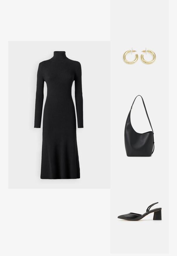 VILA VIAMARIA ROLL NECK DRESS - Neulemekko - black; Musta kärkitossu, joka on valmistettu sileästä nahasta, ja jossa on matala lohkaremmikorko sekä ohuet hihnat takana tukevan istuvuuden takaamiseksi.; Musta nahkainen hobo-laukku, jossa on sileä pinta, kaareva muoto ja yksi säädettävä olkahihna; sisäänkäynti on leveä ylhäältä.; Kultaketjut kullasta, joissa on sileä, kiiltävä pinta. Pyöreä muotoilu, jossa on pieni tappi ja kirkas taustalevy turvalliseen käyttöön.