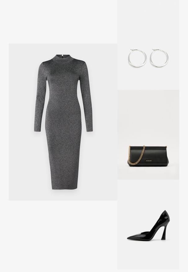 Langærmet kjole med høj hals i en tætsiddende silhuet, lavet af glitrende sort stof med subtil glans, der falder lige under knæene.; Sort patentlæder højhælede pumper med spidse tæer og en vinklet stiletto-hæl, med en glat, skinnende overflade.; Sort læder clutch taske med en guldkæde strop, der har en glat tekstur, rektangulær form og præget branding på forsiden.; Sølv hoops øreringe har et glat, afrundet design med en slank profil og sikker spænde. Minimalistisk stil med en poleret finish.