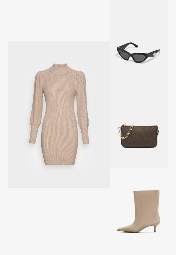 Pletené šaty v béžové barvě s žebrovanou texturou, vysokým límcem a nabíranými rukávy. Tvarující silueta s krátkou délkou.; Cesare Gaspari Kotníkové boty - beige; Sunglasses ve tvaru kočičích očí s matným černým plastovým rámem, tmavými skly a zlatým logem na stranu. Úhlový design a hladká textura.; Hnědá kožená crossbody taška s logem, zlatým řetízkem, zipovým uzávěrem a zlatými akcenty. Kompaktní a obdélníkový tvar.