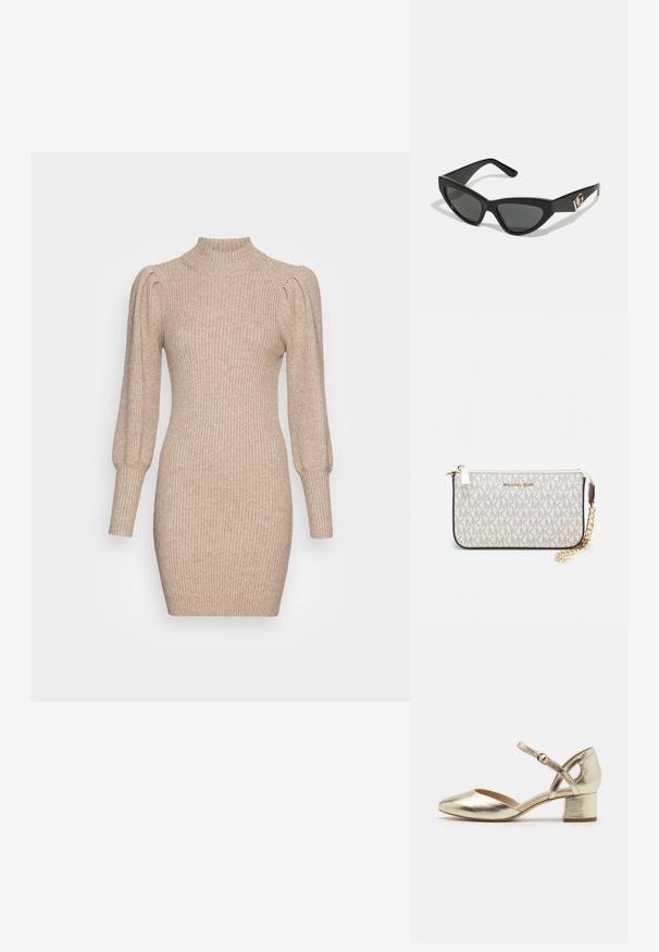 Rochie tricotată în bej, cu textură randată, guler înalt și mâneci bufante. Siluetă ajustată cu o lungime scurtă.; Pantofi metalici aurii cu toc, vârf rotund, curea la gleznă și toc pătrat. Textură netedă cu o finisare strălucitoare și design cu curea încrucișată.; Ochelari de soare tip cat-eye cu un cadru din plastic mat de culoare neagră, lentile întunecate și un accent de logo aurit pe tâmple. Design unghiular și textură netedă.; Clutch Michael Kors din canva acoperit bej, cu un model repetitiv al logo-ului MK, accesorii din aur și o curea cu lanț detașabil.