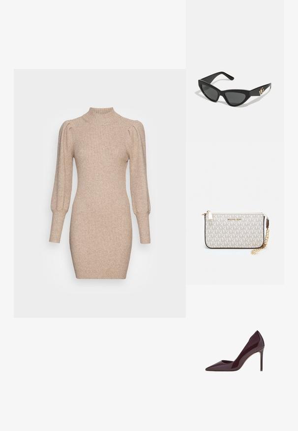 Pletené šaty v béžové barvě s žebrovanou texturou, vysokým límcem a nabíranými rukávy. Tvarující silueta s krátkou délkou.; Burgundské lakované kožené lodičky na vysokém podpatku, design s špičatou špičkou, štíhlý silueta a jehla podpatek. Hladký povrch s lesklým finišem.; Sunglasses ve tvaru kočičích očí s matným černým plastovým rámem, tmavými skly a zlatým logem na stranu. Úhlový design a hladká textura.; Kabelka na zápěstí Michael Kors v béžové potažené plátno s opakujícím se vzorem loga MK, zlatými kovovými doplňky a odnímatelným řetízkovým popruhem.
