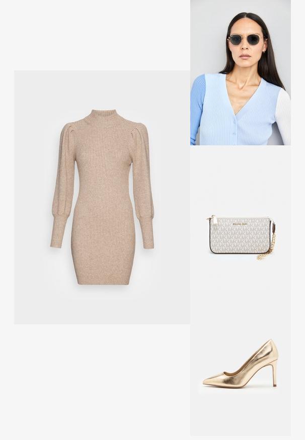 Vestido de punto en beige con textura acanalada, cuello alto y mangas abullonadas. Silueta ajustada con un dobladillo corto.; Zapato de tacón alto metálico dorado con punta afilada y textura suave. Presenta un talón cerrado y un diseño de aguja delgada y elegante.; Gafas de sol redondas con lentes oscuros y montura dorada. El modelo lleva un cárdigan de canalé azul claro con botones y mangas blancas en contraste.; Monedero de muñeca Michael Kors en lona recubierta beige que presenta un patrón repetido del logo MK, herrajes dorados y una correa de cadena desmontable.