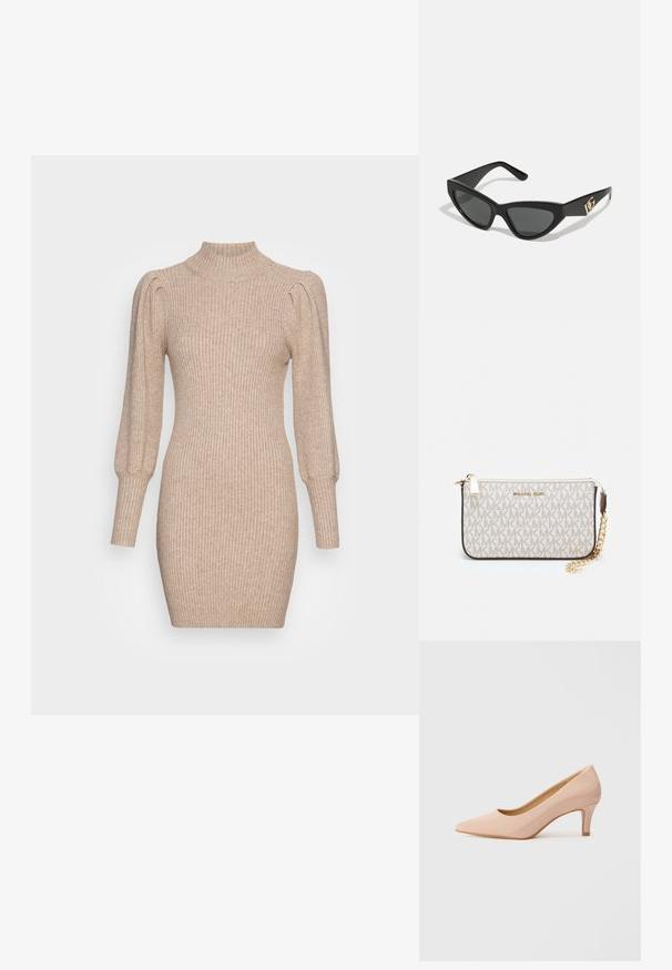 Bežinė megzta suknelė su braižyta tekstūra, aukštu kaklu ir pūstomis rankovėmis. Tinkanti figūrai siluetas su trumpu sijonu.; Išsikišusių pirštų, blizgaus rožinio aukšto kulno batai su žemu kulnu, turintys sklandų, blizgų paviršių ir subtilų atvirą V formos pjūvį priekyje.; Katės akies saulės akiniai su matinio juodo plastiko rėmeliu, tamsiais lęšiais ir auksiniu logotipo akcentu ant šventyklos. Kampuota forma ir glotni tekstūra.; Michael Kors rankinė smėlio spalvos dengto kanvoje su pakartotiniu MK logotipo raštu, auksinėmis detalėmis ir nuimamu grandininiu dirželiu.