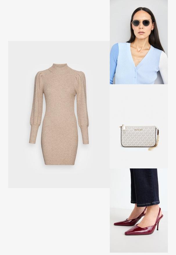 Vestido de punto en beige con textura acanalada, cuello alto y mangas abullonadas. Silueta ajustada con un dobladillo corto.; Zapatos de tacón de charol burdeos con punta afilada y un delgado tacón de aguja, con un diseño minimalista y un talón abierto.; Gafas de sol redondas con lentes oscuros y montura dorada. El modelo lleva un cárdigan de canalé azul claro con botones y mangas blancas en contraste.; Monedero de muñeca Michael Kors en lona recubierta beige que presenta un patrón repetido del logo MK, herrajes dorados y una correa de cadena desmontable.