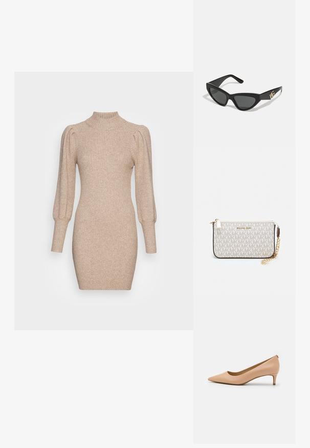 Robe en tricot beige présentant une texture côtelée, un col montant et des manches ballons. Silhouette ajustée avec un ourlet court.; Escarpin à bout pointu en cuir beige clair, avec un talon bas, une surface lisse et un design minimaliste avec un détail discret à l'arrière.; Lunettes de soleil en œil de chat avec une monture en plastique noir mat, des verres foncés et un accent en or avec le logo sur la branche. Design angulaire et texture lisse.; Porte-monnaie Michael Kors en toile enduite beige avec un motif répété de logo MK, des accessoires en or et une bandoulière en chaîne amovible.