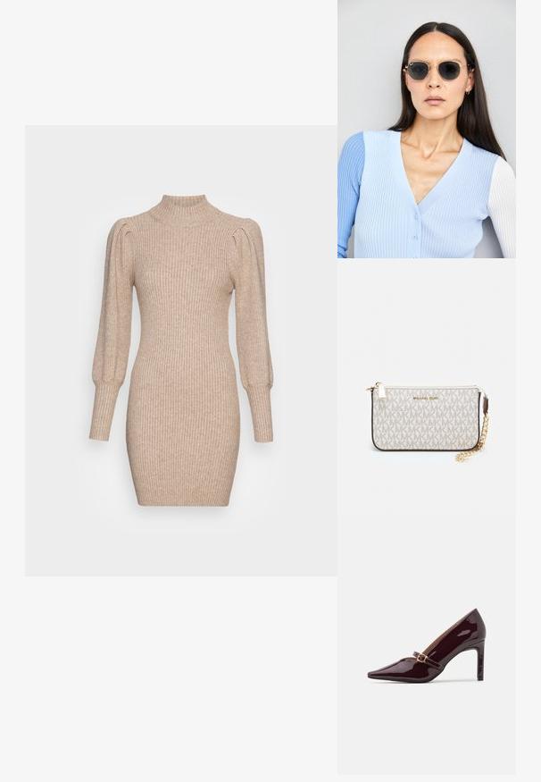 Knit dress in beige featuring ribbed texture, high neck, and puffed sleeves. Form-fitting silhouette with a short hemline.; Patent burgundy high heel shoe with pointed toe, ankle strap featuring gold hardware, and a sleek, polished finish. Elevated stiletto heel.; Round sunglasses with dark lenses and gold frames. The model wears a light blue, ribbed cardigan with buttons and contrast white sleeves.; Michael Kors wristlet in beige coated canvas featuring a repeating MK logo pattern, gold hardware, and a detachable chain strap.