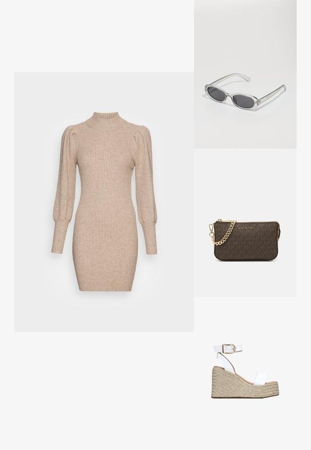 Abito in maglia beige con texture a coste, collo alto e maniche a sbuffo. Silhouette aderente con orlo corto.; Sandalo con zeppa in pelle bianca, piattaforma in juta intrecciata, punta aperta e cinturino alla caviglia con fibbia in tono oro e superficie liscia.; Occhiali da sole con forma ovale, montatura in plastica trasparente, lenti grigie scure e aste sottili trasparenti con accenti di logo e dettagli minimi.; Borsa a tracolla in pelle marrone con motivo logo, tracolla in catena dorata, chiusura con zip e dettagli in metallo dorato. Forma compatta e rettangolare.