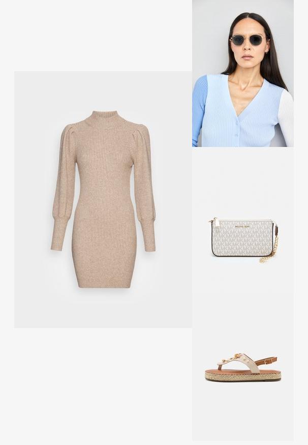 Beige kötött ruha bordás textúrával, magas nyakkal és puffos ujjal. Testhez simuló sziluett rövid szoknyával.; Beige bőrszíjjal készült szandál gyöngy díszítéssel és espadrille-stílusú talppal. Állítható bokapánt és szőtt juta részletek a talpán.; Kerek napszemüveg sötét lencsékkel és arany kerettel. A modellen világoskék, bordázott kardigán van gombokkal és kontrasztos fehér ujjaival.; Michael Kors bézs bevonatos vászon karkötő, amely ismétlődő MK logó mintával, aranyszínű fémrészletekkel és levehető lánchordóval rendelkezik.