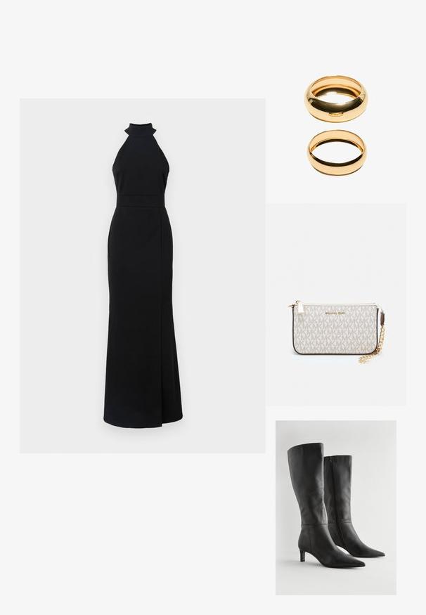 Rochie neagră cu guler halter, cu bust ajustat, fustă până la podea și deschidere pe lateral. Fabricată dintr-un material neted, cu un design elegant și minimalist.; Cizme înalte până la genunchi din piele neagră, cu vârful ascuțit, toc bloc mic și fermoar lateral. Suprafața are o textură netedă cu detalii minime.; Clutch Michael Kors din canva acoperit bej, cu un model repetitiv al logo-ului MK, accesorii din aur și o curea cu lanț detașabil.; Două inele de aur sunt expuse, unul gros și rotund, iar celălalt subțire și plat. Ambele au o suprafață netedă și strălucitoare, cu o finisare lustruită.