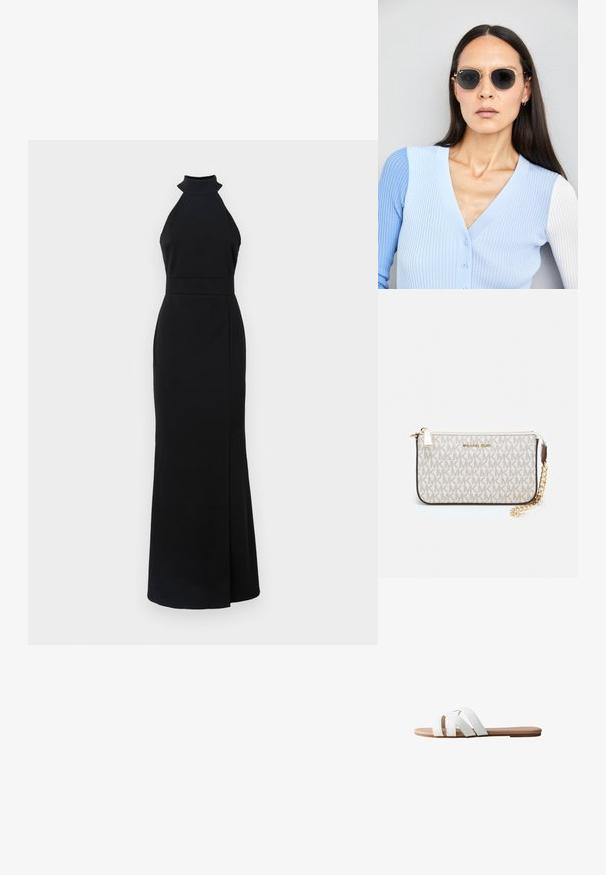 Zwarte halternek jurk met een getailleerde bovenkant, een lange rok en een zijsplit. Gemaakt van gladde stof met een strakke, minimalistische uitstraling.; Witte platte slide sandaal met drie kruislingse banden. Zachte, synthetische bovenkant en effen beige zool. Minimalistisch ontwerp zonder extra patronen.; Ronde zonnebrillen met donkere glazen en gouden montuur. Het model draagt een lichtblauwe, geribbelde cardigan met knopen en contrasterende witte mouwen.; Michael Kors polsbandje in beige gecoate canvas met een herhaald MK-logo patroon, gouden hardware en een afneembare kettingriem.