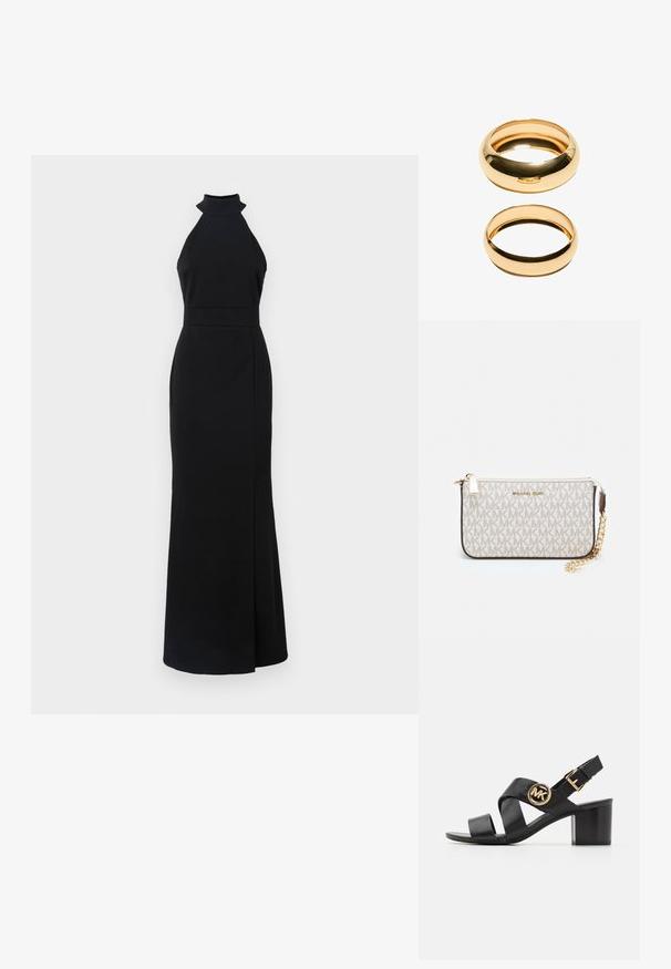 Rochie neagră cu guler halter, cu bust ajustat, fustă până la podea și deschidere pe lateral. Fabricată dintr-un material neted, cu un design elegant și minimalist.; Sandala din piele neagră cu barete încrucișate și un logo rotund MK. Tocul bloc este de înălțime medie, oferind stabilitate și un design elegant.; Clutch Michael Kors din canva acoperit bej, cu un model repetitiv al logo-ului MK, accesorii din aur și o curea cu lanț detașabil.; Două inele de aur sunt expuse, unul gros și rotund, iar celălalt subțire și plat. Ambele au o suprafață netedă și strălucitoare, cu o finisare lustruită.