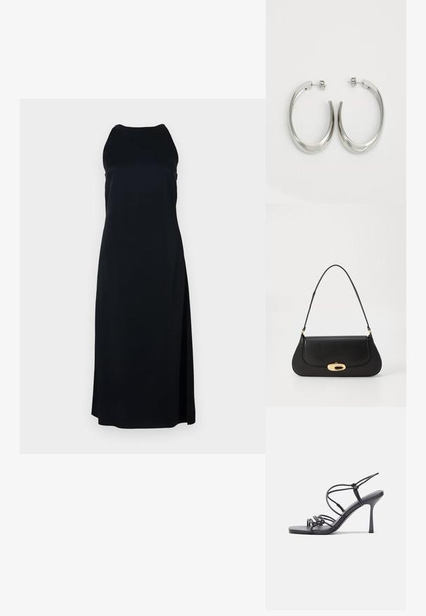 Black sleeveless dress with a rounded neckline and side slit. Made of smooth fabric, featuring a loose fit and minimalistic design.; Black high-heeled sandals feature thin straps with a knotted design, a smooth square toe, and a sleek stiletto heel.; Black leather handbag with a curved design, gold-tone hardware, and a top handle. Features a sleek closure and smooth texture.; Silver hoop earrings with a smooth, curved design. Features a shiny metallic finish and stud closure. No visible patterns or accents.