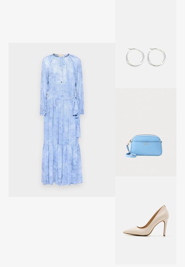 MICHAEL Michael Kors SUNBLEACH TIER DRESS - Maksikleit - chambray; Beige kõrge kontsaga king, terava nina, sile nahkviimistlus, peen stiletto konts, minimalistlik disain koos peene tagadetailiga.; Hele sinine nahast ristiõlakott kuldse viimistlusega, tõmblukk, ja eesmine tasku. Omab reguleeritavat rihma mugavuse tagamiseks.; Hele sinine nahast ristiõlakott kuldse viimistlusega, tõmblukk, ja eesmine tasku. Omab reguleeritavat rihma mugavuse tagamiseks.; Hõbedased rõngasnõelad on sujuva ja ümara kujundusega, õhukese profiiliga ning kindla lukuga. Minimalistlik stiil ja läikiv viimistlus.