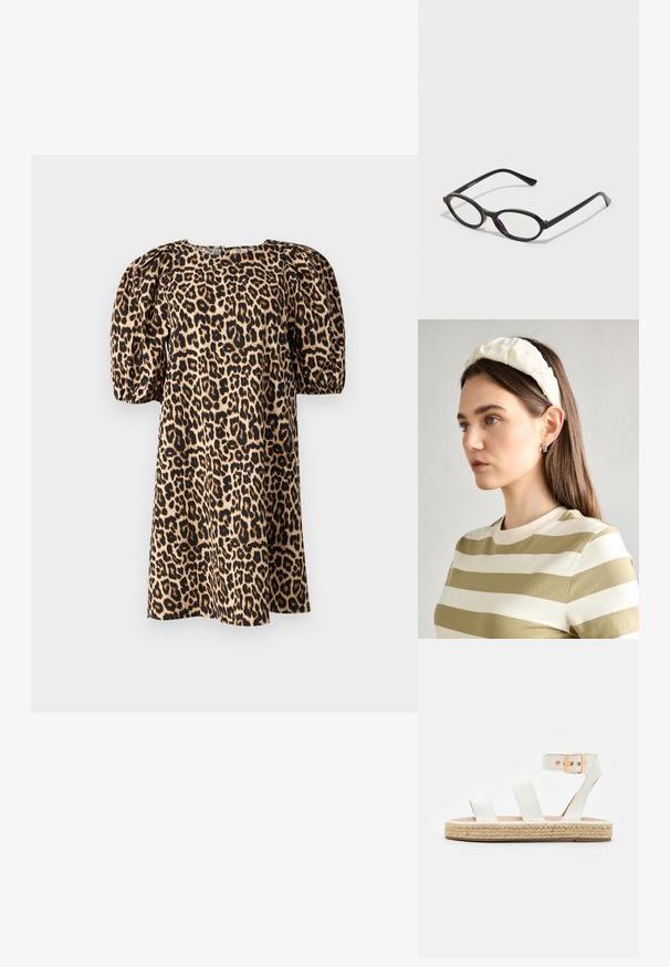 Hame ligni ka jo leopard print ke saath hai, jo beige aur kala rang scheme mein design kiya gaya hai. Is mein square neckline aur ek smooth fabric texture hai.; Valkoinen nahkasandaali, jossa on kolme leveää remmiä, nilkkahaka ja juuttiköydellä päällystetty pohja. Littee muotoilu luonnollisella tekstuurilla.; Mustat soikeat kehykset, joissa on puoliläpinäkyvät violetit yksityiskohdat linssissä. Kehykset ovat mattapintaiset ja hoikalla, suoralinjaisella varrella.; Kermainen pehmustettu pääpanta, jossa on kiertävä muotoilu, yhdistettynä beige-valkoraidalliseen puseroon, jossa on pyöreä pääntie. Huomaamaton koruasu.