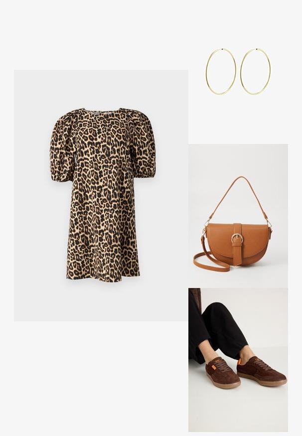 Leopardi mustriga kleit puhvseelikutega, disainitud beeži ja musta värvigammaga. Omab ruudukujulist kaelakaelust ja sileda kangatekstuuri.; Pruunist nahk-sneakeritest, millel on ümar nina, tekstuuriga pealmine osa ja oranžid detailid. Omab lamedaid nööre ja kummist tallat.; Pruun nahast õlakott, millel on kumer kuju, kullavärvi riistvara ja pandlaga kaunistus. Omab eemaldatavat õlarihma.; Kuldsest rõngastest kõrvarõngad sileda, ümarate joontega. Õhukesed ja kerged, koosnevad pidevast ringsest kujundist ilma kaunistusteta.