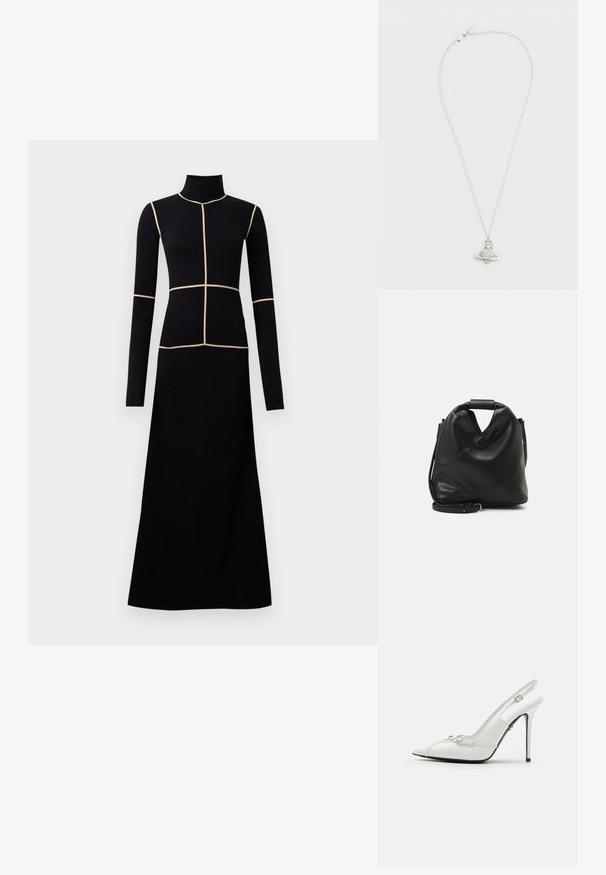 Black long-sleeve midi dress with a mock neck, featuring cream piping in a grid pattern across the torso and flowing skirt. Smooth fabric texture.; White patent leather slingback pump with a pointed toe, slender high heel, and decorative buckle accents on the vamp.; Black, soft leather bag with a unique twisted design. Features a short handle and a detachable shoulder strap. Minimalist style.; Silver chain necklace with a rocket pendant featuring a round diamond-like center stone and circular base. Detailed and polished finish.