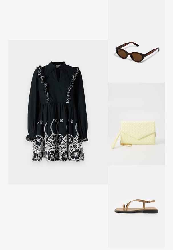 Vestido preto com mangas longas, colarinho frufru e padrões florais brancos bordados na bainha. Decote em forma de lágrima e detalhe com cintura franzida.; Sandal flat bege com duas tiras finas cruzando sobre o pé e uma tira de tornozelo com fivela. Apresenta um cabedal suave semelhante a couro e uma sola preta.; Óculos de sol tortoiseshell castanhos com um formato vintage de olho de gato e lentes castanhas. Apresenta braços curvados com acentos vermelhos.; Bolsa carteira amarela de palha com um design de aba, uma alça de pulso destacável e um destaque em corrente dourada. Textura suave e forma retangular.; Brincos em argola dourados com um acabamento liso e brilhante. Design circular com um pequeno pino e suporte transparente para um uso seguro.