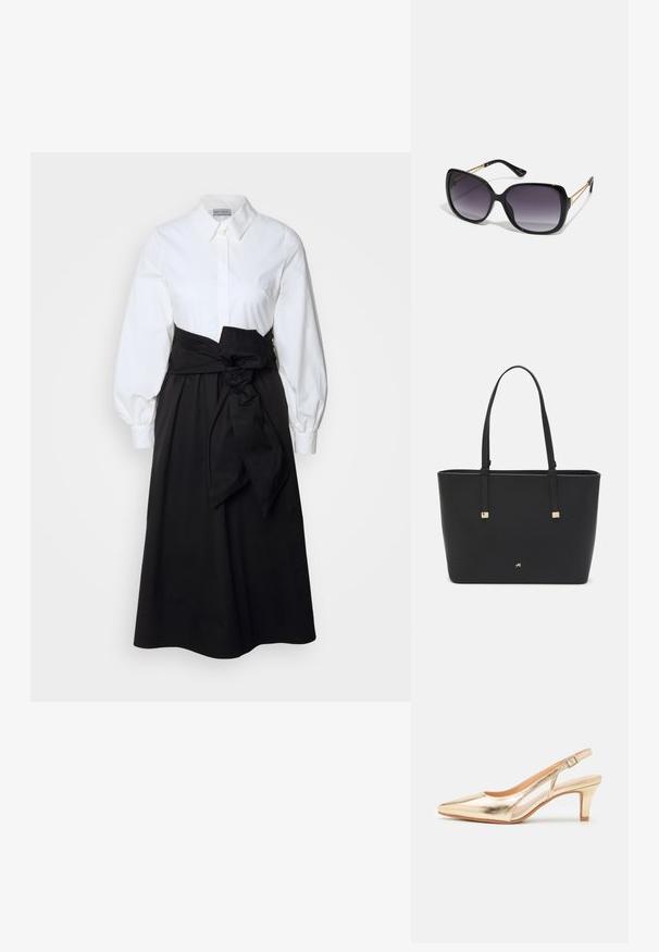 Valge nööbiga topp, millel on pikad puff-sleiterid, koos musta seeliku ja kangast vöödiga, mis on seotud vöökohtadele, valmistatud siledast puuvillamaterjalist.; Kuldne metallik slingback jalats terava varbaga, kerge kantavusega ja reguleeritava rihmaga. Sile tekstuur, sujuv disain ja avatud külgedega.; Mustad ümarad päikeseglaasid, millel on gradient objektiivid, paksud raamid ja kuldse tooni kettaga kaunistused tempelitel.; Must musträkk, mis on valmistatud sünteetilisest materjalist, lihtsa ristkülikukujulise disainiga, kuldsete ruudukujuliste rõhutustega ja kahe käepidemega.