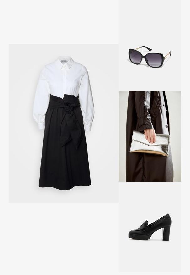 Λευκό πουκάμισο με μακριά φουσκωτά μανίκια, συνδυασμένο με μαύρη φούστα και υφασμάτινη ζώνη δεμένη στη μέση, φτιαγμένο από λείο βαμβακερό υλικό.; Μαύρα δερμάτινα παπούτσια πλατφόρμας με ψηλό τακούνι και στρογγυλή μύτη, διακοσμημένο με λουρί. Ο τακούνι διαθέτει μια υφασμάτινη ασημί λεπτομέρεια.; Μαύρα υπερμεγέθη γυαλιά ηλίου με κλειστή βαθμίδα φακού, παχιά σκελέτη και λεπτομέρειες από χρυσή αλυσίδα στις βραχίονες του σκελετού.; Ασημένια μεταλλική τσάντα clutch με γωνιακό σχέδιο φακέλου, λεία υφή και χρώμα εσωτερικού σε αντίθεση, κρατημένη σε χέρι που φοράει μαύρο παλτό.
