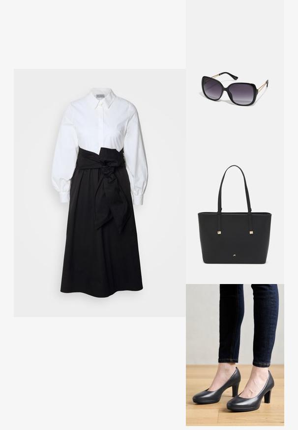White button-up top with long puff sleeves, paired with a black skirt and fabric belt tied at the waist, made from smooth cotton material.; Gray leather high-heeled shoes with a rounded toe and a smooth finish. Worn with dark blue jeans, showcasing a slim silhouette.; Black oversized sunglasses with gradient lenses, thick frames, and gold-tone chain detailing on the temple arms.; Black tote bag made of synthetic material, featuring simple rectangular design, gold square accents, and double handles.