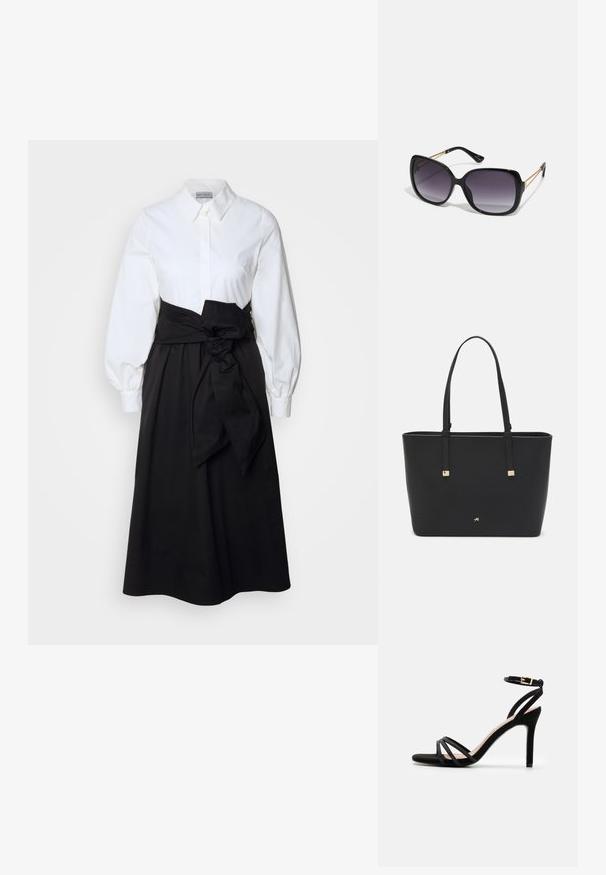 Chemisier blanc à manches bouffantes longues, associé à une jupe noire et une ceinture en tissu nouée à la taille, fabriqué en coton lisse.; Anna Field Sandales - black; Lunettes de soleil noires surdimensionnées avec des verres dégradés, monture épaisse et détails en chaîne dorée sur les branches.; Sac fourre-tout noir en matériau synthétique, avec un design rectangulaire simple, des accents carrés dorés et des doubles poignées.