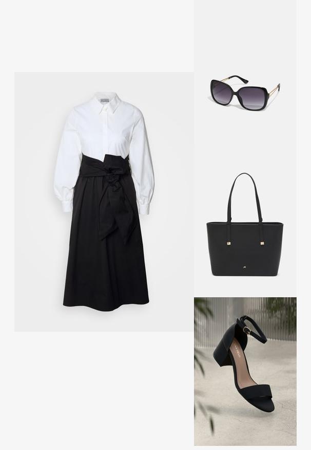 White button-up top with long puff sleeves, paired with a black skirt and fabric belt tied at the waist, made from smooth cotton material.; Black heeled sandal with a wide strap and ankle strap, featuring a matte texture and a block heel. Brand logo visible on the insole.; Black oversized sunglasses with gradient lenses, thick frames, and gold-tone chain detailing on the temple arms.; Black tote bag made of synthetic material, featuring simple rectangular design, gold square accents, and double handles.