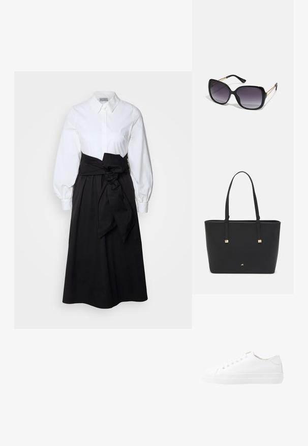 Camicia bianca con colletto e maniche a sbuffo lunghe, abbinata a una gonna nera e una cintura di tessuto annodata in vita, realizzata in cotone morbido.; Sneakers bianchi in tela con design a bassa top, punta rotonda, sei fori per i lacci e suola in gomma texture. Materiale liscio con accenti minimi.; Occhiali da sole neri oversize con lenti sfumate, montatura spessa e dettagli in catena dorata sulle astine.; Borsa a tracolla nera in materiale sintetico, con un design rettangolare semplice, dettagli quadri dorati e doppi manici.