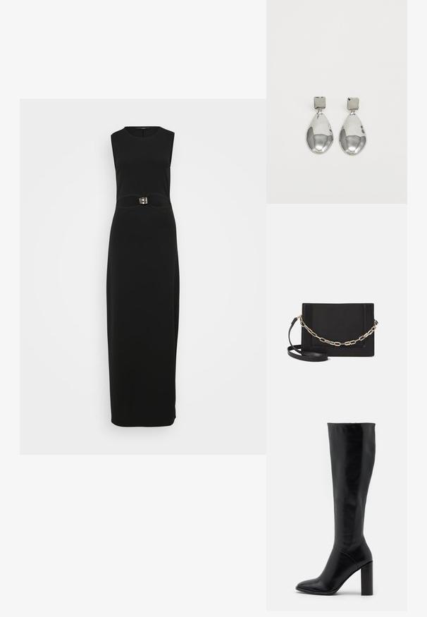 Robe maxi noire sans manches avec une silhouette ajustée, une texture lisse et un accent distinctif en boucle à la taille.; Bottes en cuir noir jusqu'au genou avec un bout pointu et un talon épais. Texture lisse avec des accents minimaux et un design de tige ajustée.; Sac bandoulière en cuir noir avec une texture lisse, de forme rectangulaire et un détail en chaîne métallique à l'avant. Sangle réglable incluse.; Boucles d'oreilles en argent avec un clou carré, présentant une finition lisse et polie ainsi qu'une forme en goutte d'eau, réfléchissant la lumière grâce à une surface brillante.