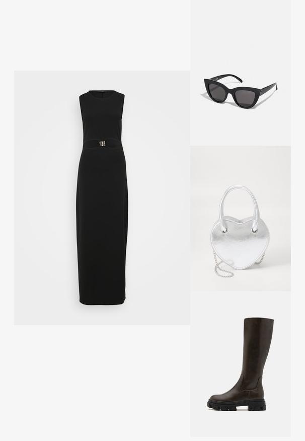 Vestido maxi sin mangas negro con una silueta ajustada, textura suave y un distintivo acento de hebilla en la cintura.; Botas altas de cuero marrón brillante con una suela gruesa de goma negra y paneles laterales curvos. Presentan un diseño limpio y sin costuras.; Gafas de sol negras en forma de ojo de gato con un acabado mate, que presentan lentes ahumados grises, ángulos pronunciados y brazos laterales elegantes. Nombre de la marca visible en el interior del brazo.; Bolso de mano en forma de corazón metálico plateado con dobles asas, correa de cadena y textura suave. Presenta herrajes metálicos y bordes cosidos.