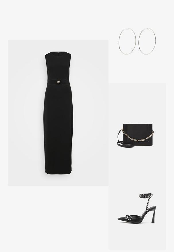 Čierne bezrukávové maxi šaty s priliehavým siluetou, hladkou textúrou a charakteristickým prackovým detailom v oblasti pása.; Čierna vysoká podpätková lodička s špicatou špičkou, zdobená striebornými cvočkami a okrúhlym remienkom okolo členka. Hladká kožená textúra a elegantný dizajn.; Čierna kožená crossbody taška s hladkou textúrou, obdĺžnikovým tvarom a kovovým reťazovým detailom na prednej strane. Súčasťou je nastaviteľný popruh.; Strieborné kruhové náušnice s hladkým, okrúhlym dizajnom a lesklým povrchom. Sú tenké a ľahké, s jednoduchým uzáverom.