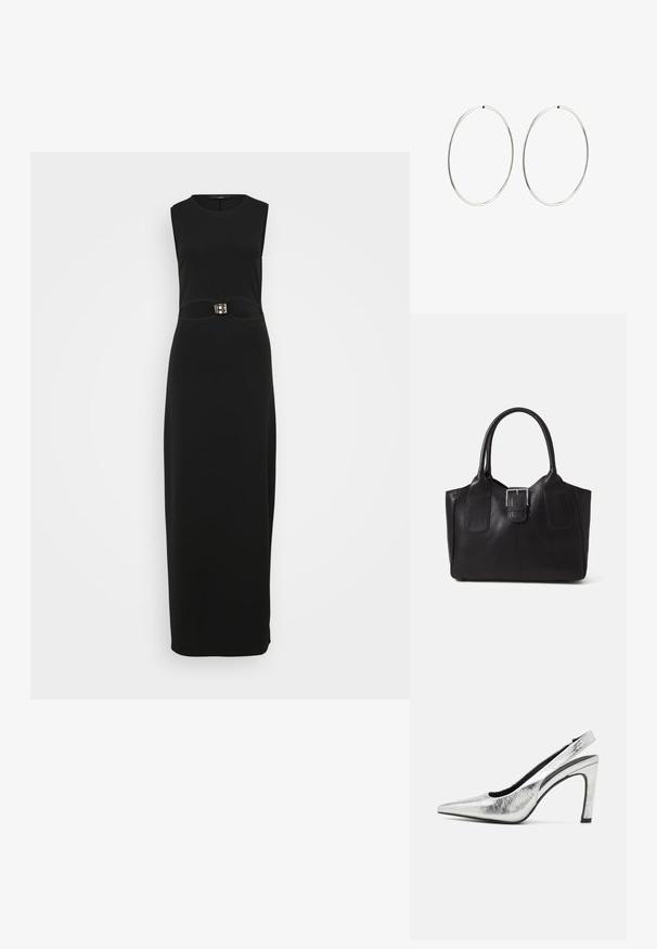 Melnas bezpiedurkņu maxi kleitas, kas izceļas ar pieguļošu siluetu, gludu tekstūru un izteiksmīgu sprādzi akcentā uz jostas.; Sudraba siksnu papēži ar norādītu purngalu, ar teksturētu metāla apdari, augstu bloku papēdi un izgrieztu sānu detaļu, kas nodrošina elegantu dizainu.; Melnas ādas somiņa ar gludu tekstūru, strukturētu formu, divām rokturām un izteiktu sudraba sprādzi priekšpusē.; Sudraba riņķa auskari ar gludu, apaļu dizainu un pulētu apdari. Tie ir plāni un viegli, ar vienkāršu aizdari.