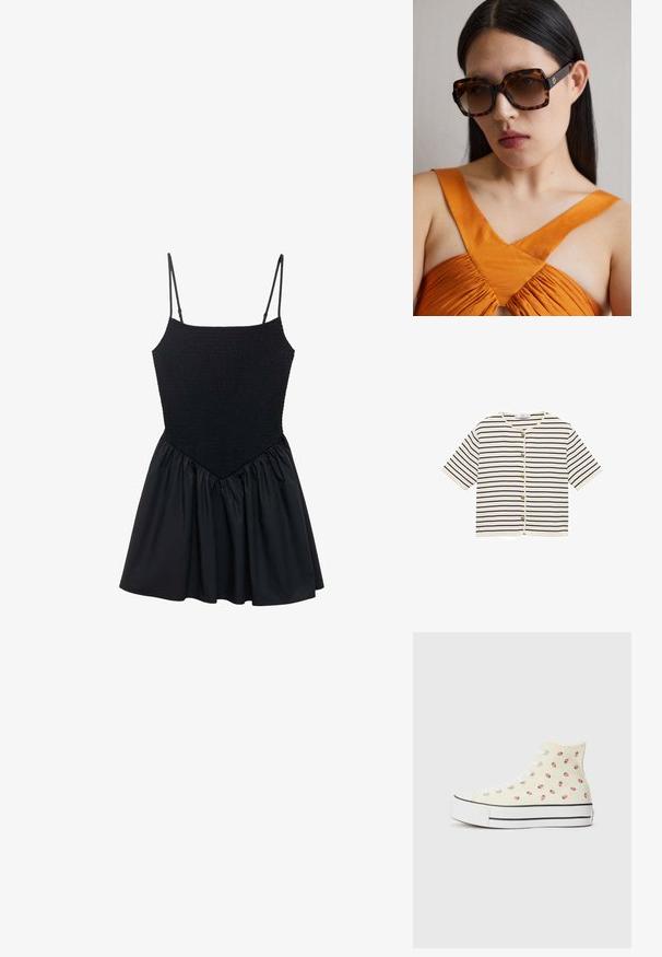 Crna haljina s nabranim korzetom i podesivim trakama. Suknja je nabrana, stvarajući oblik u obliku zvona. Glatka tekstura kroz cijelu haljinu.; Prugasta kratka kardigana s kratkim rukavima u krem boji s mornarskoplavim crtama, s okruglim izrezom i zlatnim gumbima duž prednjeg otvora.; Visoki tenisice od žutog platna s uzorkom malih crvenih jagoda, bijelim vezicama i bijelim potplatom s crnim prugama.; Smeđe kornjačaste sunčane naočale oversized s širokim pravokutnim okvirom i gradijentnim lećama. Zlatni logo detalj sa strane.