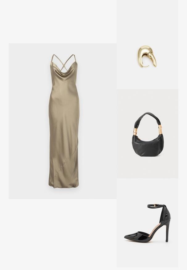 Satin slip obleka v barvi šampanjca z križnimi naramnicami in drapirano zgornjim delom, dolga do tal z diskretno stransko šivno podrobnostjo.; Črna patentna usnjena visokotlačna čevlja s koničastim nosom, trakcem okoli gležnja in tanekim špicastim peto. Gladka tekstura z sijočim zaključkom.; Črna usnjena torbica okrogle oblike, mehke teksture, z vozlanim ročajem in zlatimi kovinskimi dodatki. Zadrga za zapiranje.; Uhane nakit iz zlatastega tona z gladko, ukrivljeno zasnovo. Ima edinstveno koničasto obliko, polirano površino in zaponko s tečajem.