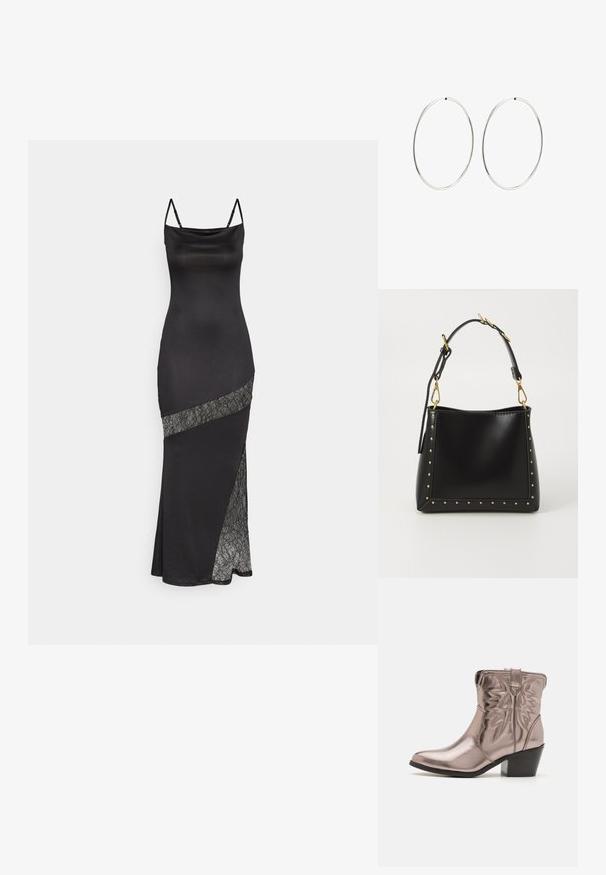 Czarna satynowa sukienka na ramiączkach, z koronkowym akcentem wzdłuż skośnej szwy i bocznym rozcięciem dla dodatkowego detal.; Metaliczne różowo-złote botki kostkowe z wąskim noskiem, haftowanymi skrzydłami oraz umiarkowanym, czarnym, blokowym obcasem. Gładka, błyszcząca faktura powierzchni.; Czarna skórzana torebka o zbudowanej formie, z złotymi ćwiekami wzdłuż krawędzi oraz odpinanym paskiem z złotymi akcentami metalowymi.; Srebrne kolczyki na kółku o gładkim, okrągłym kształcie i wypolerowanym wykończeniu. Są cienkie i lekkie, z prostym zapięciem.