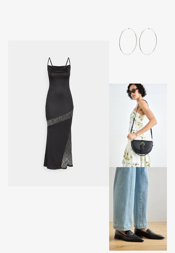 Crna saten haljina s tankim naramenicama, koja ima čipkastu akcentu uz dijagonalni šav i bočni prorez za dodatni detalj.; Crne kožne cipele s oštrim vrhom i dizajnom na punu petu, uparene sa svijetloplavim hlačama širokih nogavica, na drvenom podu.; Crna kožna torba s lukovitim oblikom, odvojivim remenom i zlatnim detaljima. Torba ima preklop s kopčom.; Srebrne naušnice od obruča s glatkim, okruglim dizajnom i poliranim završetkom. Tanak su i lagani, s jednostavnim zatvaranjem.