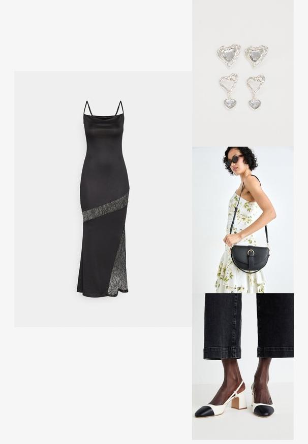 Abito di raso nero con spalline sottili, caratterizzato da un accento in pizzo lungo una cucitura diagonale e uno spacco laterale per un tocco in più.; Scarpe slingback con tacco a blocco bianche e nere, con punta affusolata, materiale in pelle liscia e dettagli a contrasto sul cappuccio della toe.; Borsa a tracolla nera in pelle con una forma curva, manico rimovibile e accessori dorati. La borsa presenta una patta con un dettaglio a fibbia.; Orecchini a forma di cuore in argento con pietre trasparenti sfaccettate, accompagnati da una cornice texturizzata. Il set include stili a bottone e a goccia.