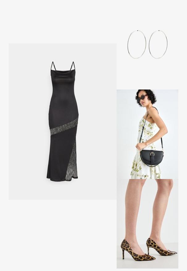 Musta satiini mekko ohuilla olkaimilla, jossa on pitsikoristelu vinossa saumassa ja sivuaukko lisäyksinä.; Leopardikuvioiset korkokengät, joissa on terävä kärki ja kiiltävä materiaali, tyylikkäällä piikkikorkokengällä ja sileällä pinnalla.; Musta nahkainen käsilaukku, joka on kaareva muotoilultaan, irrotettavalla hihnalla ja kultaisilla yksityiskohdilla. Laukussa on läppä, jossa on solk yksityiskohta.; Hope hopeita hopeita, joissa on sileä, pyöreä muoto ja kiiltävä pinta. Ne ovat ohuita ja kevyitä, ja niissä on yksinkertainen lukitus.