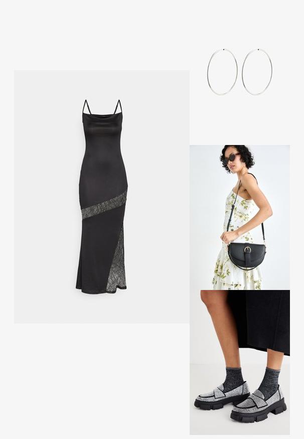 Čierne saténové šaty so špagetovými ramienkami, ktoré majú čipkový akcent pozdĺž diagonálneho švu a bočný rozparok pre dodatočný detail.; Čierne klzákové topánky so zdobením z kamienkov, masívnymi čiernymi podrážkami a kontrastnými sivými štruktúrovanými ponožkami. Neformálny a výrazný dizajn.; Čierna kožená kabelka s zaobleným tvarom, odnímateľným popruhom a zlatými doplnkami. Kabelka má klopu s detailom s prackou.; Strieborné kruhové náušnice s hladkým, okrúhlym dizajnom a lesklým povrchom. Sú tenké a ľahké, s jednoduchým uzáverom.