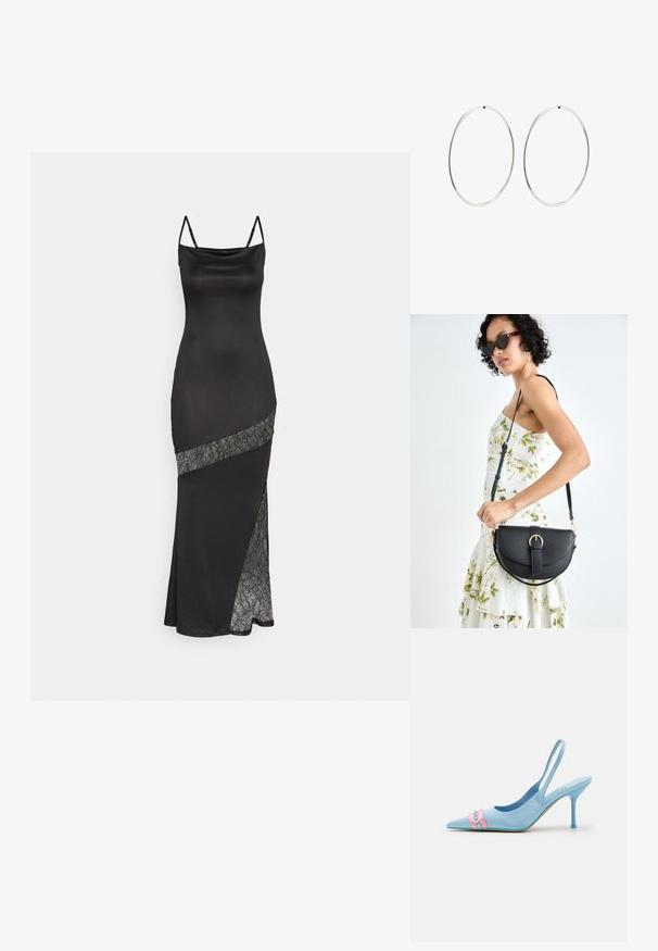 Svart satin klänning med spagettiband, med en spetsdetalj längs en diagonalsömn och en sidoklyvning för extra detalj.; Ljusblå slingbackpumps med spetsig tå, prydda med en rosa volangdetalj och ljusblå accenter, placerade på en smal hög klack.; Svart läderhandväska med en böjd form, avtagbar rem och guldiga detaljer. Väskan har ett lock med en spänndetalj.; Silverfärgade hoopörhängen med en slät, rund design och en polerad yta. De är tunna och lätta, med en enkel spänne.