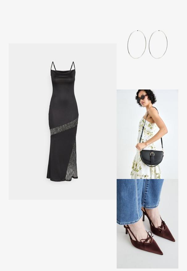 Czarna satynowa sukienka na ramiączkach, z koronkowym akcentem wzdłuż skośnej szwy i bocznym rozcięciem dla dodatkowego detal.; Simmi London KLARA ciemnobrązowy; Czarna skórzana torebka o zakrzywionym kształcie, z odpinanym paskiem i złotymi akcentami. Torebka posiada klapę z zapięciem w kształcie klamry.; Srebrne kolczyki na kółku o gładkim, okrągłym kształcie i wypolerowanym wykończeniu. Są cienkie i lekkie, z prostym zapięciem.